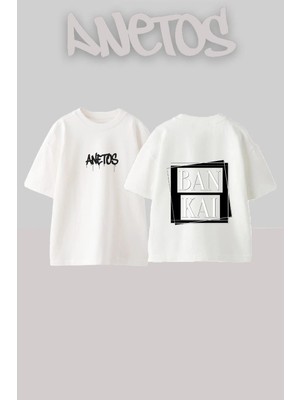 Anetos Bankai Text Tasarım Sırt Baskılı Pamuk Beyaz Oversize T-Shirt