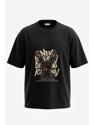 Anetos Dragon Rabbit Tasarım Sırt Baskılı Pamuk Siyah Oversize T-Shirt