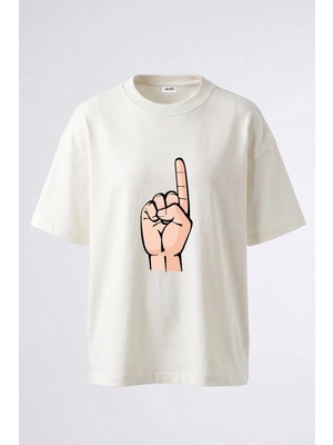 Anetos Tek Parmak Tasarım Sırt Baskılı Pamuk Beyaz Oversize T-Shirt