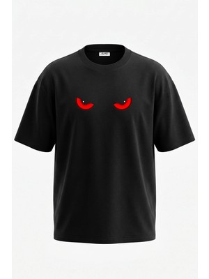 Anetos Demon Eyes Tasarım Sırt Baskılı Pamuk Siyah Oversize T-Shirt
