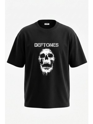 Anetos Deftones Skull Tasarım Sırt Baskılı Pamuk Siyah Oversize T-Shirt