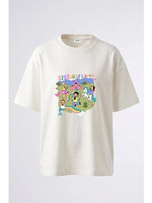 Anetos System Of A Down_1 Tasarım Sırt Baskılı Pamuk Beyaz Oversize T-Shirt