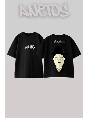 Anetos Charlie Chaplin 1 Tasarım Sırt Baskılı Pamuk Siyah Oversize T-Shirt