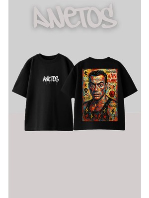 Anetos Jeanclaude Van Tasarım Sırt Baskılı Pamuk Siyah Oversize T-Shirt