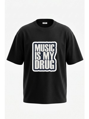 Anetos Music Slogan Tasarım Sırt Baskılı Pamuk Siyah Oversize T-Shirt
