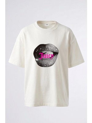 Anetos Dudak Pembe Gotik Tasarım Sırt Baskılı Pamuk Beyaz Oversize T-Shirt