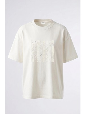 Anetos Art Deco Ornament Tasarım Sırt Baskılı Pamuk Beyaz Oversize T-Shirt