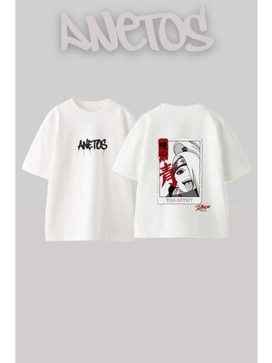 Anetos Deidara Naruto Tasarım Sırt Baskılı Pamuk Beyaz Oversize T-Shirt