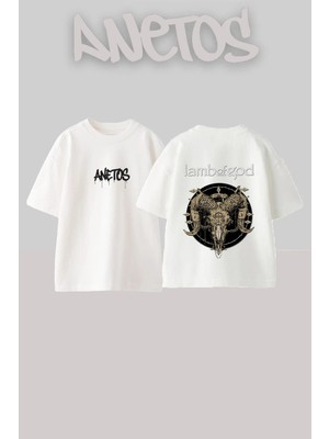 Anetos Lamb Of Tasarım Sırt Baskılı Pamuk Beyaz Oversize T-Shirt