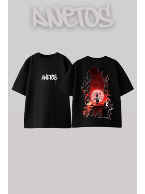 Anetos Itachi Uchiha Tasarım Sırt Baskılı Pamuk Siyah Oversize T-Shirt