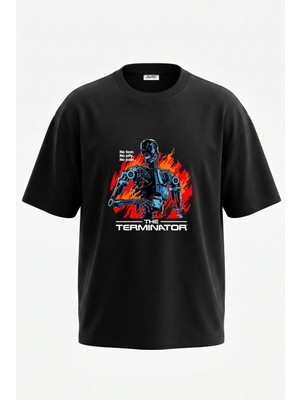 Anetos Terminator Robot Tasarım Sırt Baskılı Pamuk Siyah Oversize T-Shirt