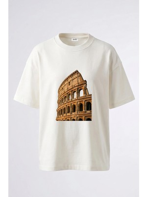 Anetos Roman Colosseum Tasarım Sırt Baskılı Pamuk Beyaz Oversize T-Shirt