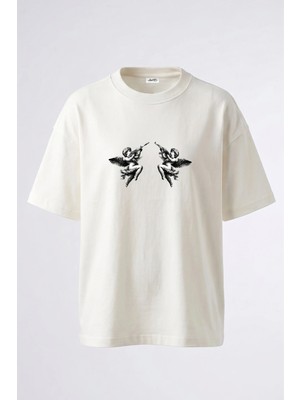 Anetos Cherub Rifle Tasarım Sırt Baskılı Pamuk Beyaz Oversize T-Shirt