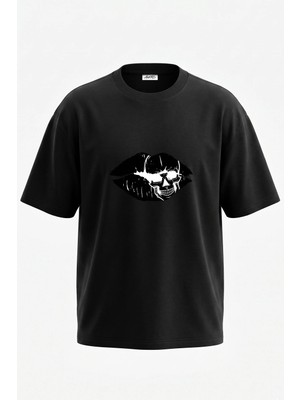 Anetos Skull Kiss_1 Tasarım Sırt Baskılı Pamuk Siyah Oversize T-Shirt