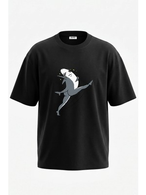Anetos Balerin Kopekbaligi Tasarım Sırt Baskılı Pamuk Siyah Oversize T-Shirt
