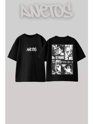 Anetos Dr Stone Tasarım Sırt Baskılı Pamuk Siyah Oversize T-Shirt