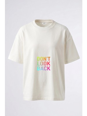 Anetos Don't Look Back Tasarım Sırt Baskılı Pamuk Beyaz Oversize T-Shirt