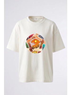 Anetos Dunya Birlik Tasarım Sırt Baskılı Pamuk Beyaz Oversize T-Shirt