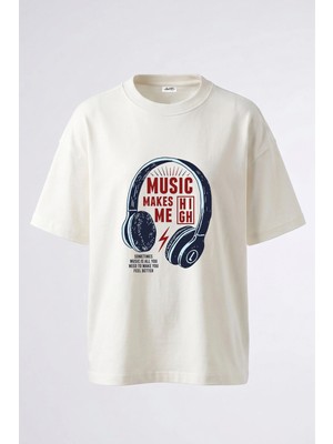 Anetos Music Headphones Tasarım Sırt Baskılı Pamuk Beyaz Oversize T-Shirt