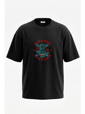 Anetos Snake Rose Tattoo Tasarım Sırt Baskılı Pamuk Siyah Oversize T-Shirt
