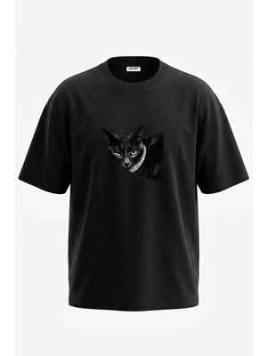 Anetos Elmas Kedi Tasarım Sırt Baskılı Pamuk Siyah Oversize T-Shirt