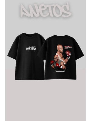 Anetos Mike Tyson 1 Tasarım Sırt Baskılı Pamuk Siyah Oversize T-Shirt