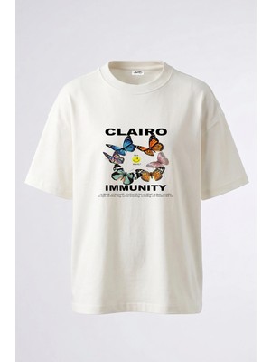 Anetos Clairo Immunity Tasarım Sırt Baskılı Pamuk Beyaz Oversize T-Shirt