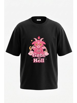 Anetos Cute Baphomet Tasarım Sırt Baskılı Pamuk Siyah Oversize T-Shirt