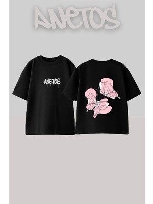 Anetos Pink Butterflies Tasarım Sırt Baskılı Pamuk Siyah Oversize T-Shirt
