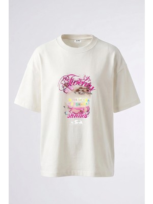 Anetos Grillz Pink Nails Tasarım Sırt Baskılı Pamuk Beyaz Oversize T-Shirt