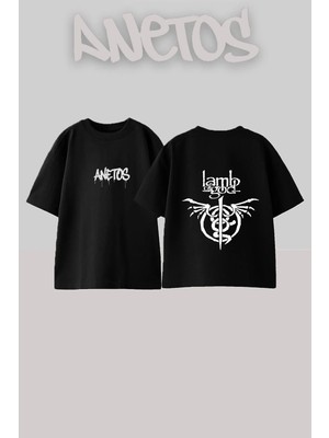 Anetos Lamb God Tasarım Sırt Baskılı Pamuk Siyah Oversize T-Shirt