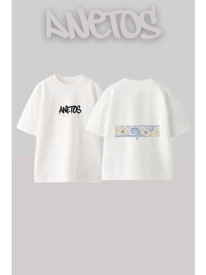 Anetos Sand Patterns Tasarım Sırt Baskılı Pamuk Beyaz Oversize T-Shirt
