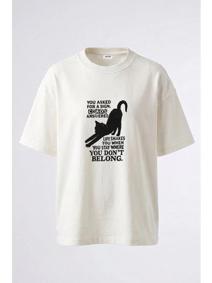 Anetos Black Cat Tasarım Sırt Baskılı Pamuk Beyaz Oversize T-Shirt