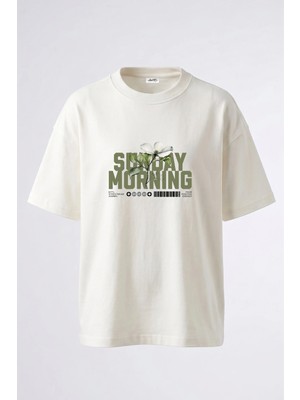 Anetos Sunday Morning Dogwood Tasarım Sırt Baskılı Pamuk Beyaz Oversize T-Shirt