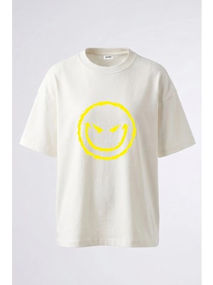 Anetos Evil Smiley Tasarım Sırt Baskılı Pamuk Beyaz Oversize T-Shirt