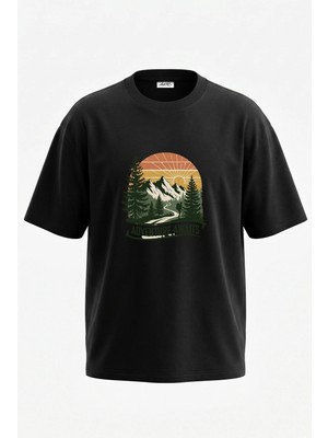 Anetos Dag Yuruyus Tasarım Sırt Baskılı Pamuk Siyah Oversize T-Shirt