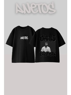 Anetos Chris Brown Tasarım Sırt Baskılı Pamuk Siyah Oversize T-Shirt