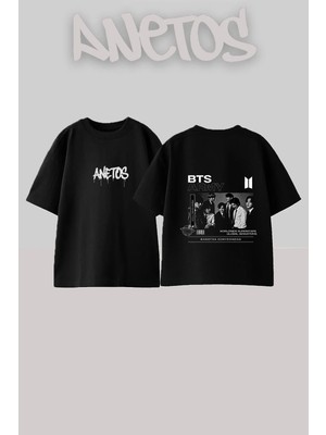 Anetos Bts Army Tasarım Sırt Baskılı Pamuk Siyah Oversize T-Shirt