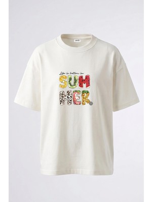 Anetos Summer Fruits Tasarım Sırt Baskılı Pamuk Beyaz Oversize T-Shirt