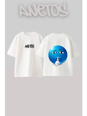 Anetos Blue Shush Tasarım Sırt Baskılı Pamuk Beyaz Oversize T-Shirt