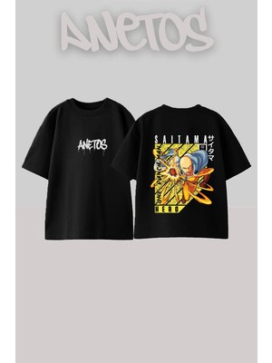 Anetos Saitama Hero Tasarım Sırt Baskılı Pamuk Siyah Oversize T-Shirt