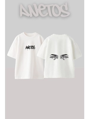 Anetos Spiral Eyes Tasarım Sırt Baskılı Pamuk Beyaz Oversize T-Shirt