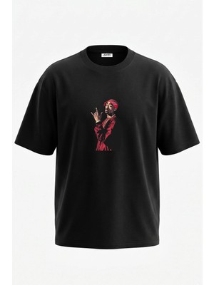Anetos Tupac Shakur Tasarım Sırt Baskılı Pamuk Siyah Oversize T-Shirt