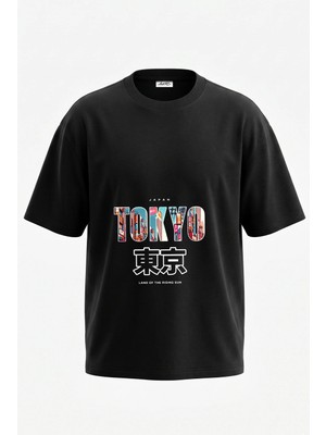 Anetos Japonya Tokyo Tasarım Sırt Baskılı Pamuk Siyah Oversize T-Shirt