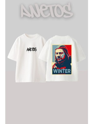 Anetos Ned Stark Tasarım Sırt Baskılı Pamuk Beyaz Oversize T-Shirt