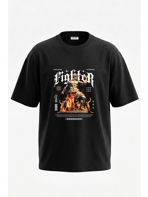 Anetos Fighter Statue Tasarım Sırt Baskılı Pamuk Siyah Oversize T-Shirt