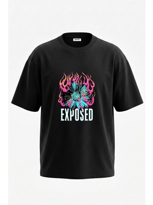 Anetos Flower Fire Tasarım Sırt Baskılı Pamuk Siyah Oversize T-Shirt