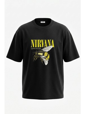 Anetos Nirvana Bumblebee Tasarım Sırt Baskılı Pamuk Siyah Oversize T-Shirt