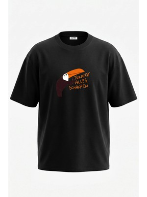 Anetos Toucan Tasarım Sırt Baskılı Pamuk Siyah Oversize T-Shirt