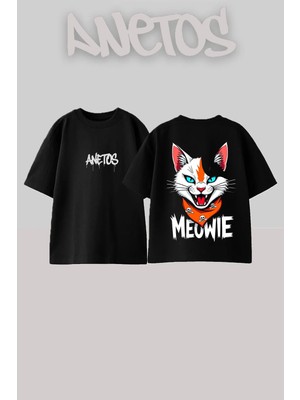 Anetos Skull Cat Tasarım Sırt Baskılı Pamuk Siyah Oversize T-Shirt